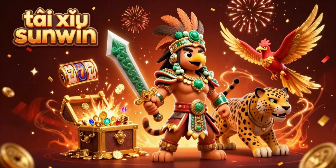 Tài xỉu sunwin game scene featuring Aztec warriors with slot reels, showcasing exciting casino action.