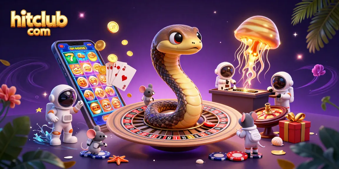 Experience thrilling bets at hitclub com with cartoon characters in a vibrant cosmic casino scene.