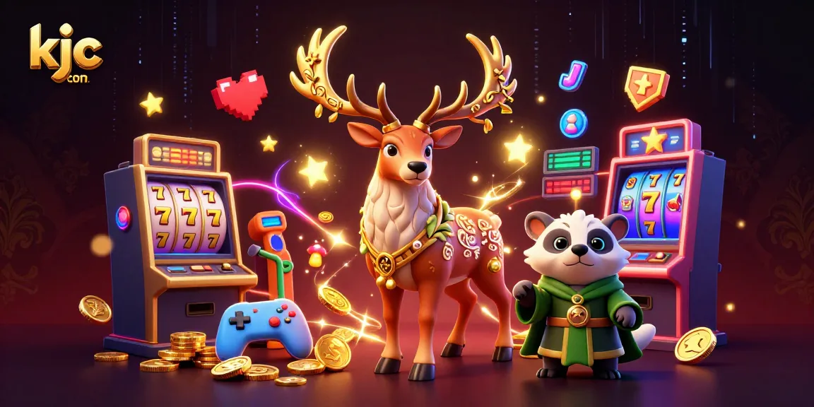 Engage with winning games at kjc com, featuring a lively illustration of a Celtic druid stag and a wise badger amidst colorful slot machines.