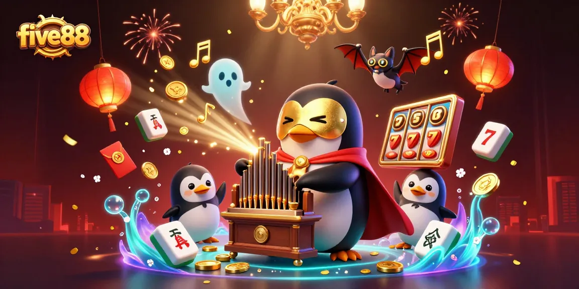 Join five88's thrilling casino experience with a playful penguin and exciting gaming elements in a vibrant atmosphere.