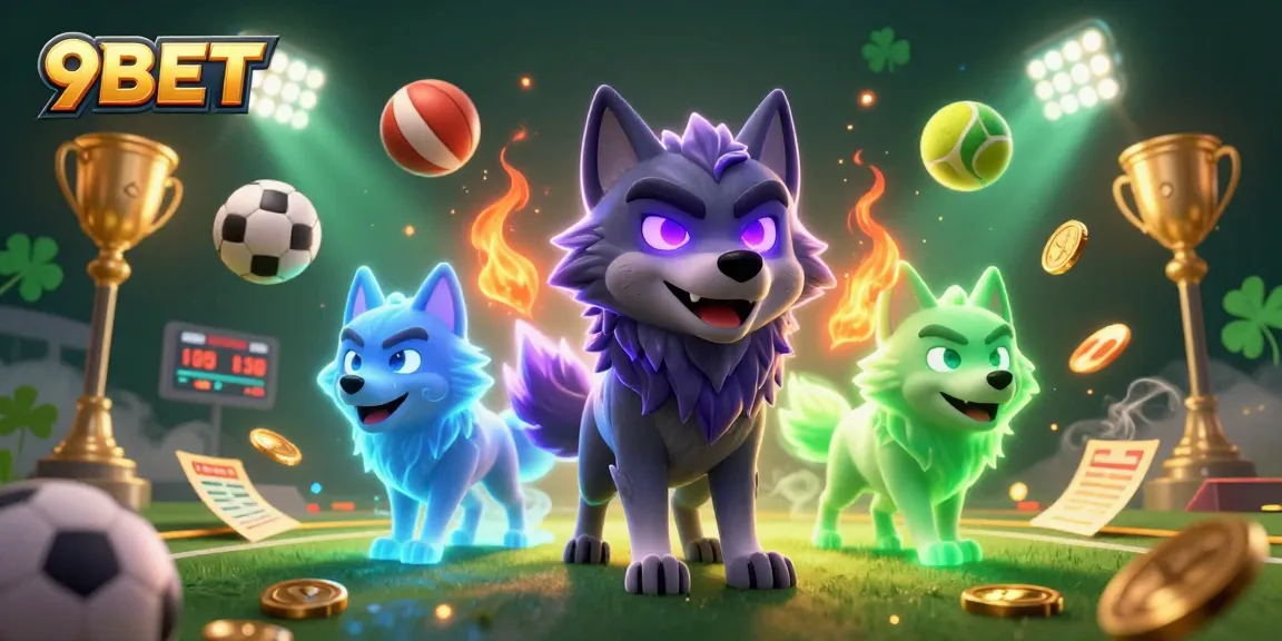 Experience thrilling sports betting action with 9BET featuring a vibrant cartoon wolf pack illustration.