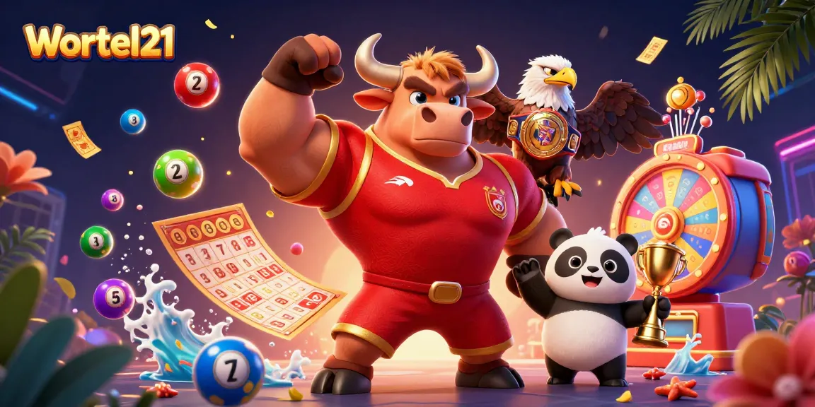 Engage with Wortel21 and win big as lottery balls bounce around energetic casino mascots.