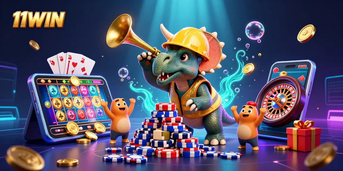 Experience the thrill of 11WIN with vibrant casino elements and cartoon characters celebrating big wins.