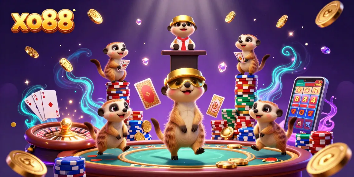 Experience the excitement of xo88 with meerkats managing a bustling casino scene filled with rich gambling elements.