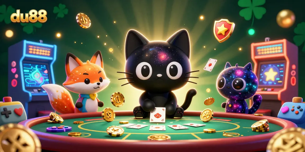 Experience the thrill of du88 with cosmic gaming elements and vibrant characters at a casino table.