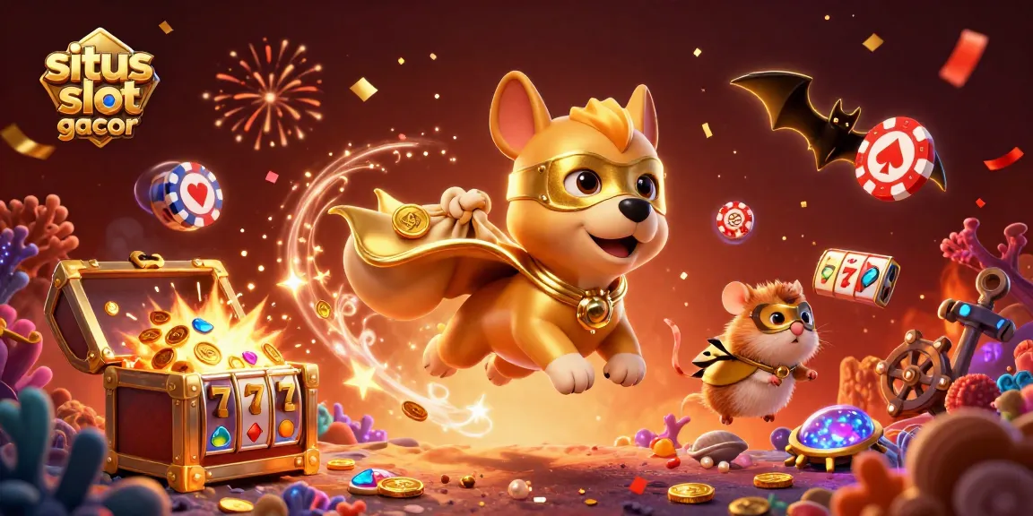 Engaging scene showcasing a superhero dog and hamster promoting situs slot gacor with vibrant gaming elements.