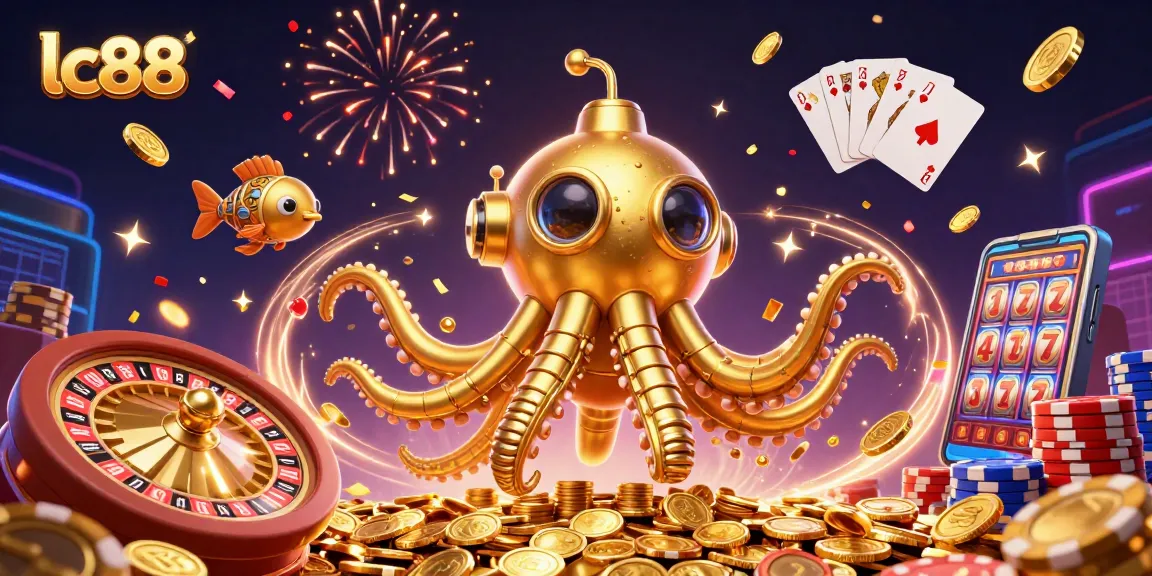 Experience the excitement of lc88 with golden kraken and mechanical fish amidst cascading casino elements.