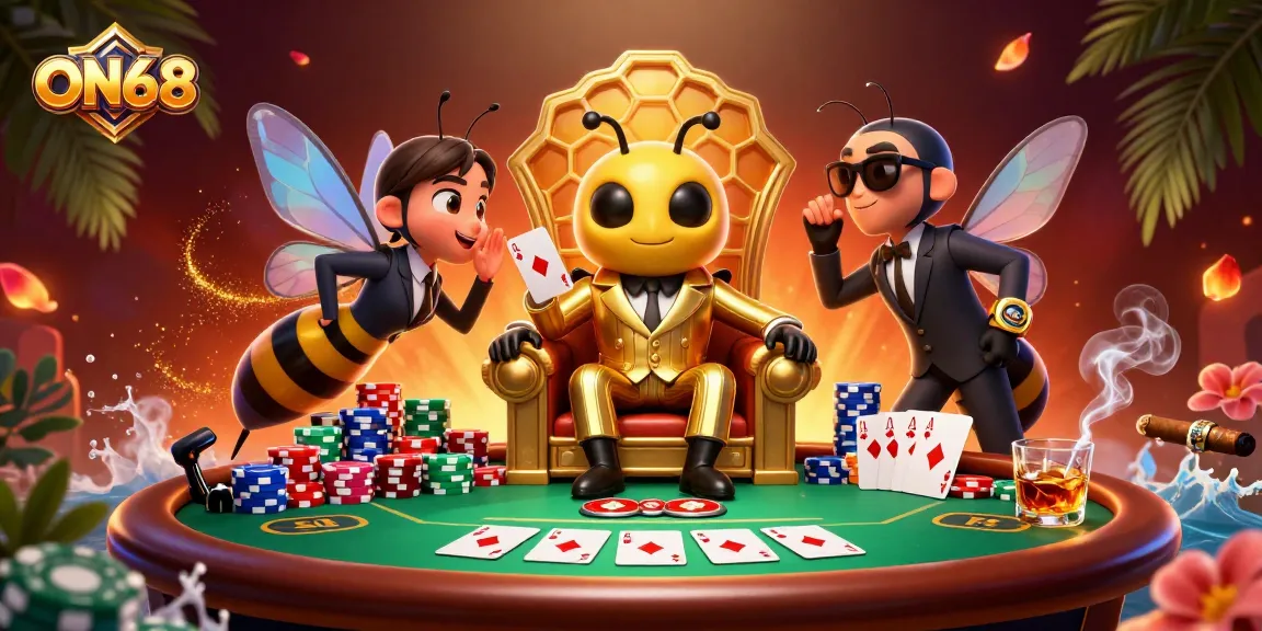 Experience thrilling action at ON68 with 3D cartoon bumblebee mob boss playing poker in a dazzling scene.