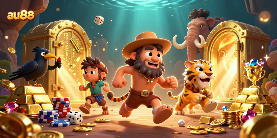 Experience the thrilling gameplay of au88 with a captivating caveman casino scene, featuring vibrant treasures.