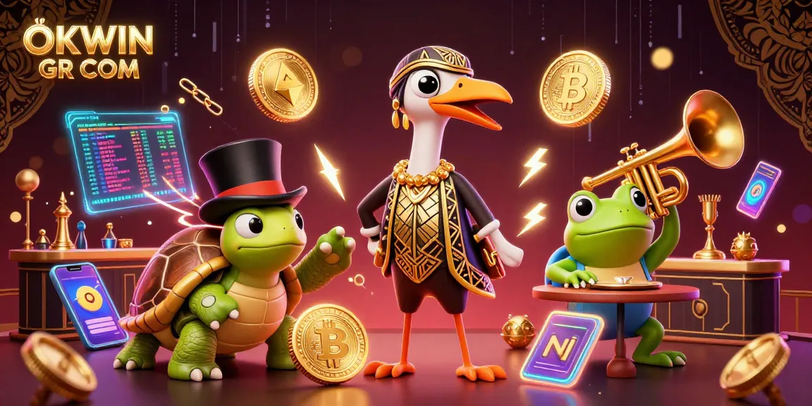 Experience thrilling gaming at OKWIN GR COM in a vibrant 3D casino scene with blockchain elements.
