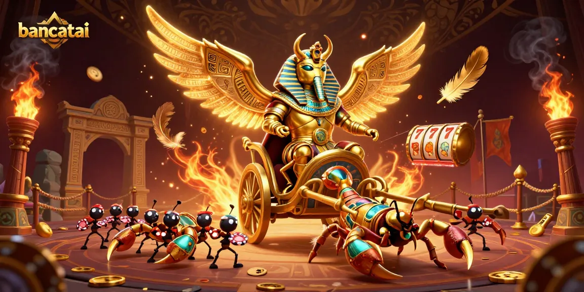 Engage with the vibrant casino world of bancatai featuring a golden scarab chariot and dynamic slot elements.