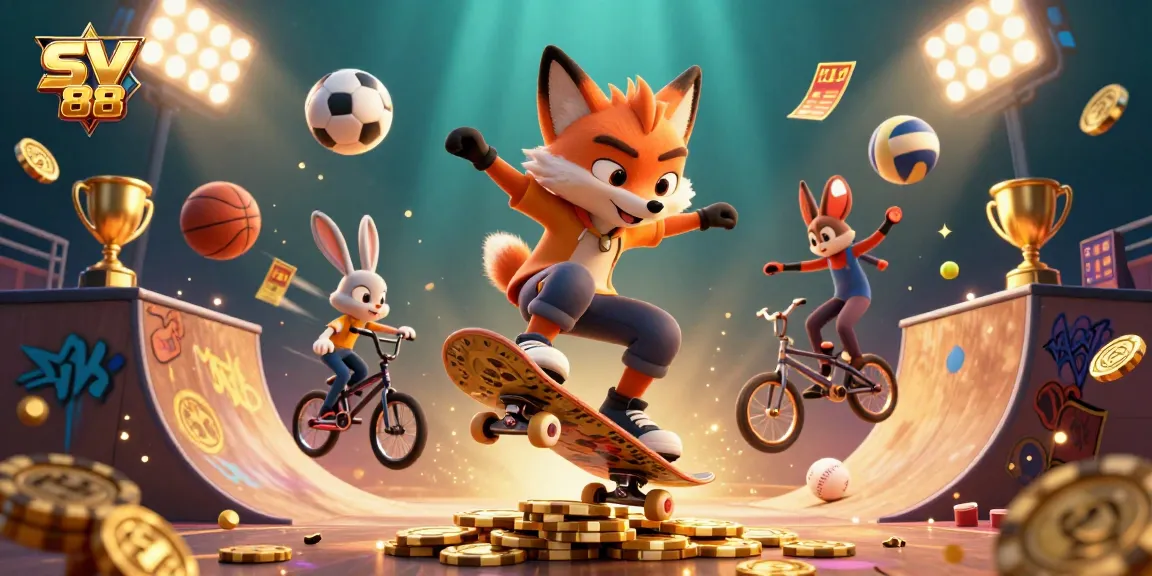 Experience thrilling sports and casino excitement with SV 88 in this vibrant, action-packed illustration.