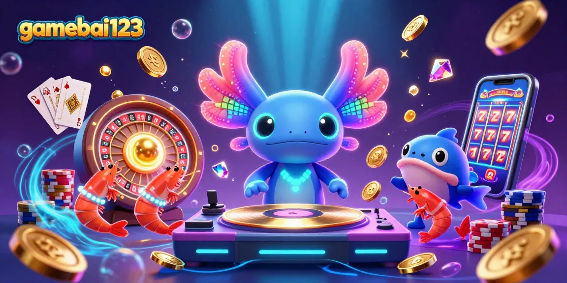 Experience the vibrant action of gamebai123 with the neon axolotl DJ and casino elements in a dazzling underwater scene.