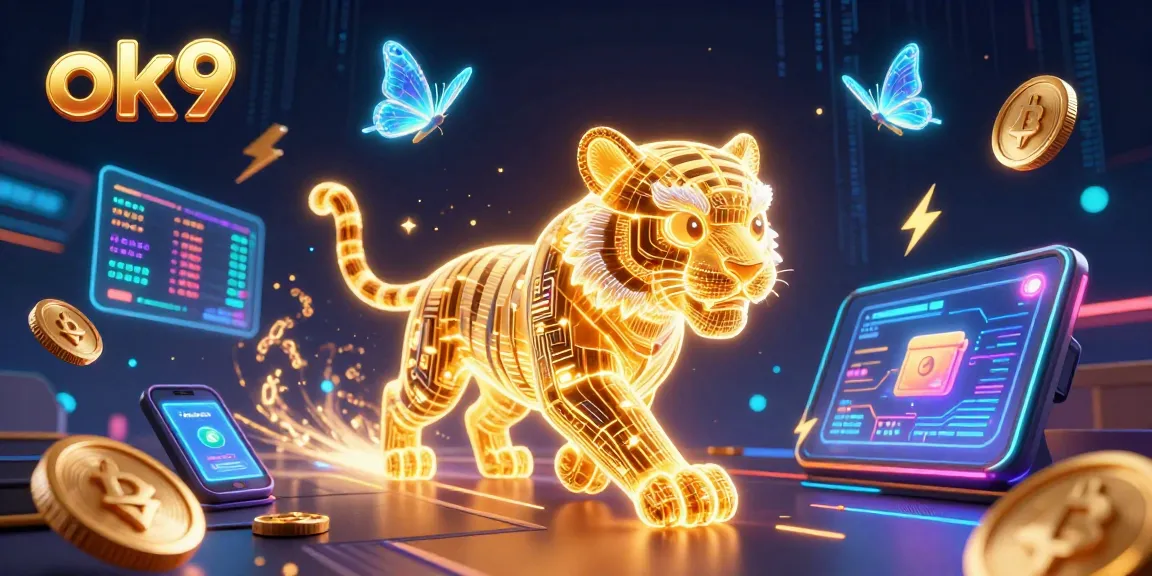 Engage with ok9's vibrant digital casino landscape featuring a neon-wireframe tiger and crypto elements.