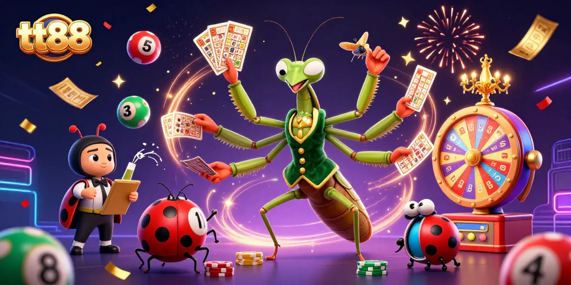 Engage with tt88 in a vibrant casino scene featuring a mantis and ladybug amid lively game elements.