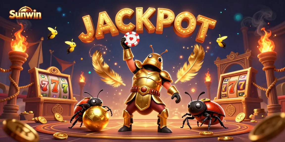 Sunwin showcases a victorious beetle in golden armor celebrating with a jackpot in an exciting casino scene.