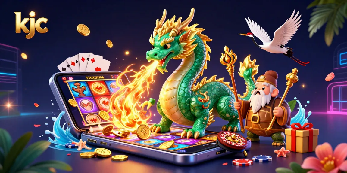 KJC enhances the gaming experience with a dragon, turtle sage, and lucky cranes, showcasing dynamic slot action.