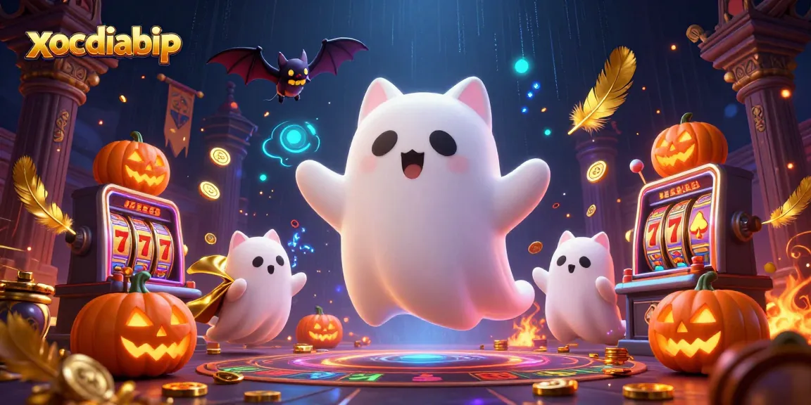Xocdiabip showcases a haunted casino scene with a ghost cat and vampire bat amidst slot machines and glowing jack-o-lanterns.
