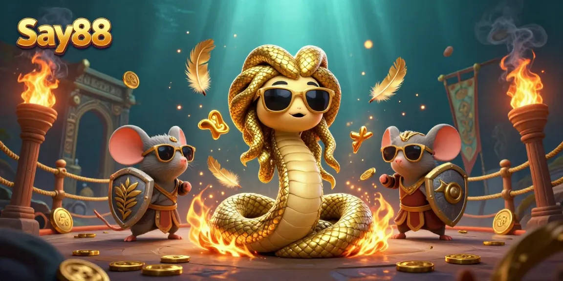 Exciting action from Say88 as friendly Medusa and warrior mouse engage in thrilling casino adventures.