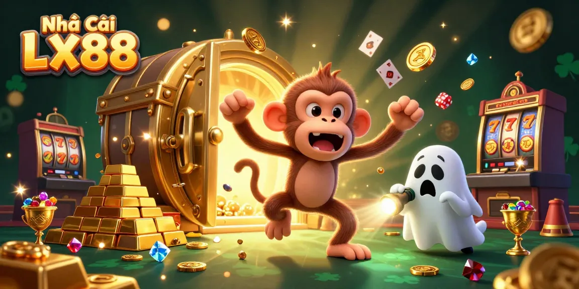 Engage with Nhà cái LX88 in this vibrant, casino-themed 3D illustration featuring a playful monkey and puppy.