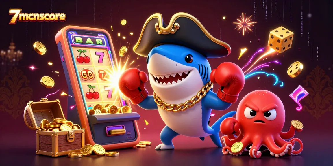 Spin to win with 7mcnscore in a dynamic 3D casino scene featuring vibrant characters and jackpot elements.