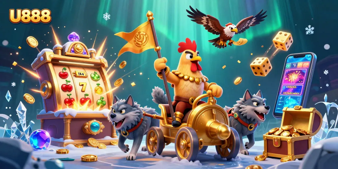Experience U888 with a dynamic casino scene featuring a rooster warlord and a jackpot explosion.
