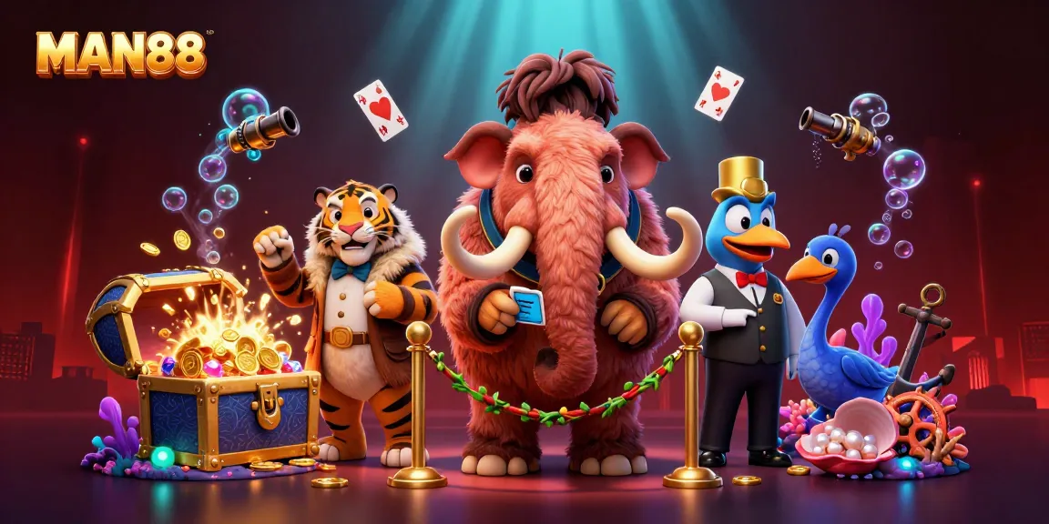 Engaging MAN88 casino illustration with a woolly mammoth bouncer, saber-tooth VIP guest, and dodo doorman amidst gold coins and gems.