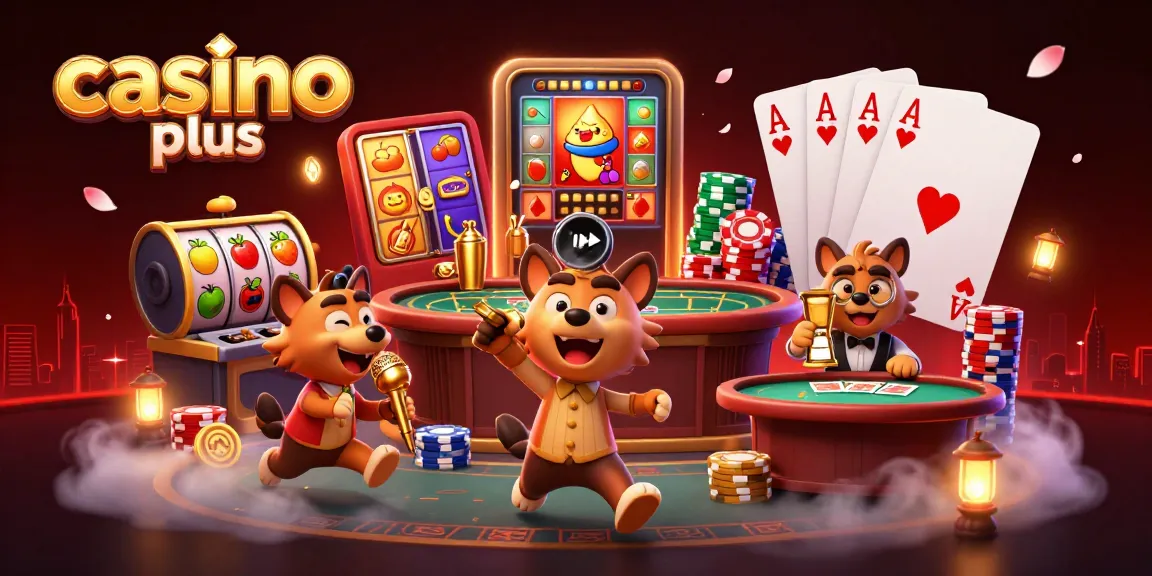 Experience casino plus with vibrant slot reels, poker action, and animated hyenas creating a lively atmosphere