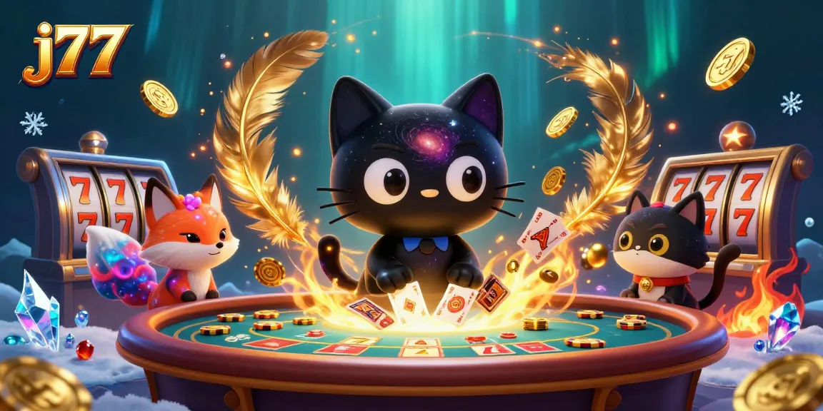 j77 casino scene with a black hole cat and nebula fox surrounded by golden chips and slot elements