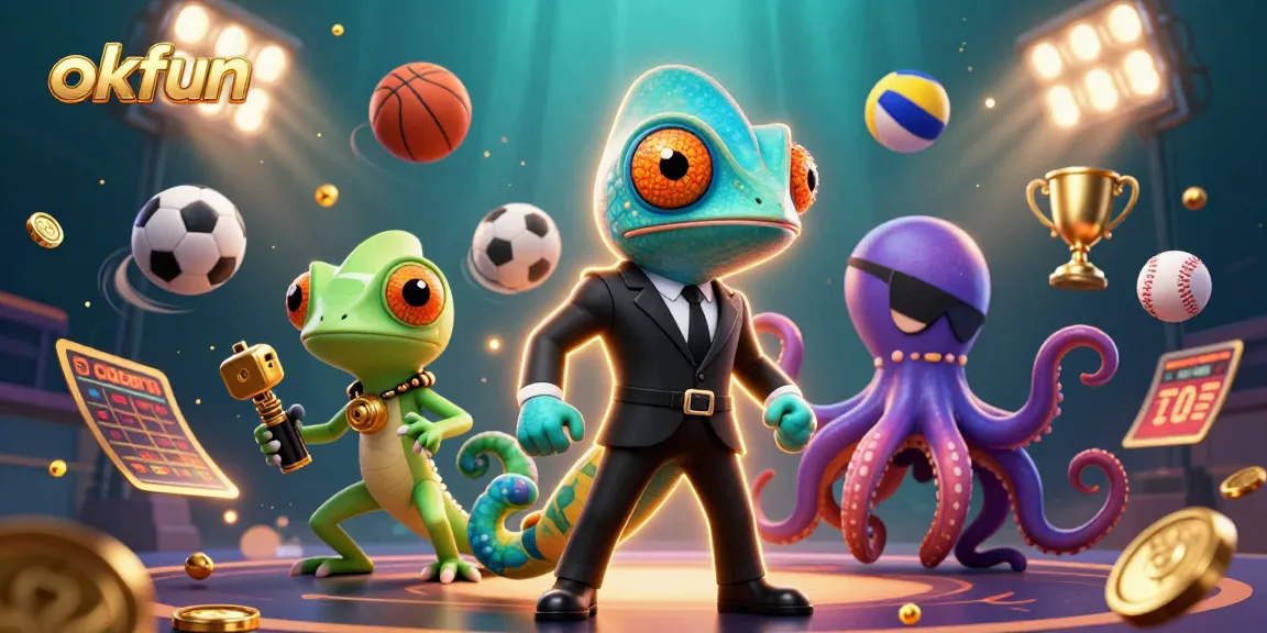 Experience action with okfun as a secret agent chameleon and friends amidst vibrant sports betting elements.