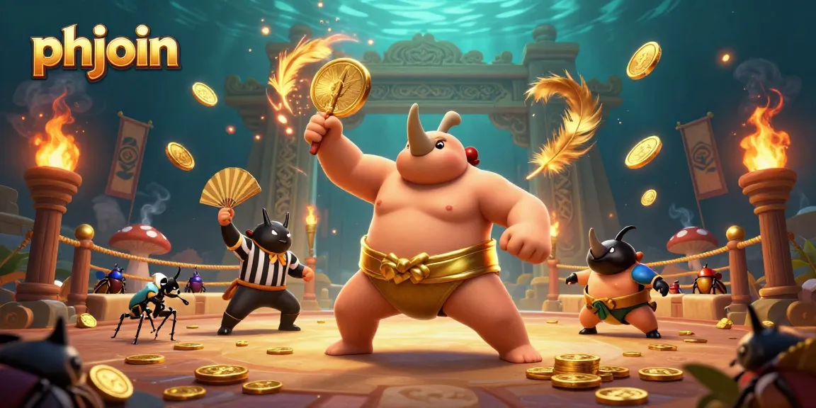 Bet on phjoin with a thrilling scene featuring a beetle sumo champion surrounded by golden coins and vibrant game elements.