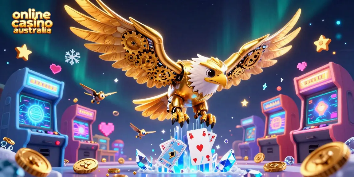Experience excitement at online casino Australia with a golden eagle soaring through vibrant game elements.
