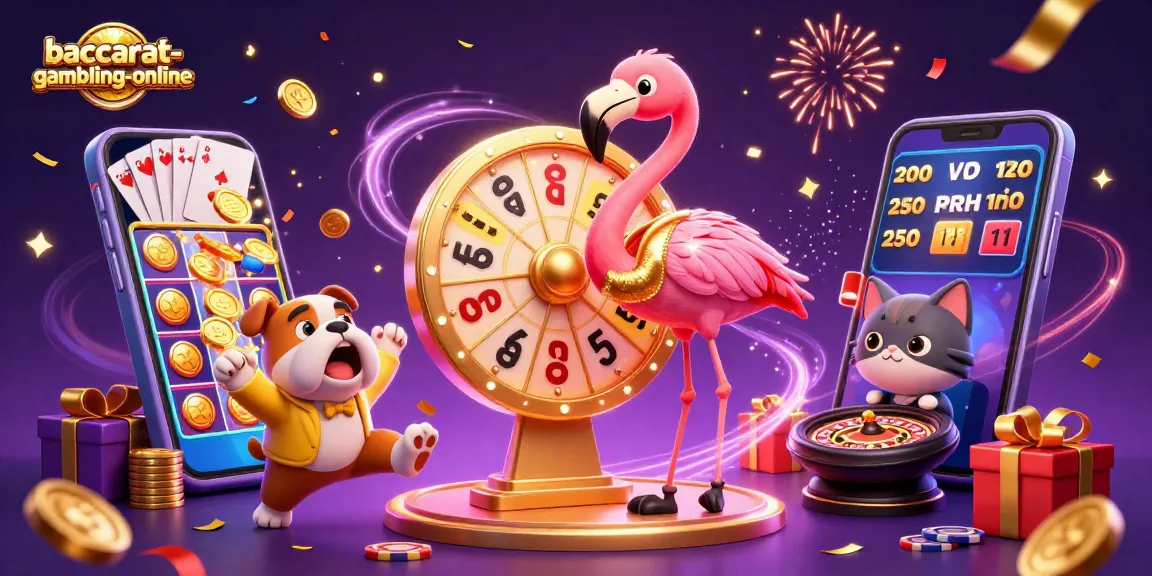 Baccarat-gambling-online showcases an exciting 3D illustration celebrating casino wins with dynamic characters and vibrant elements.