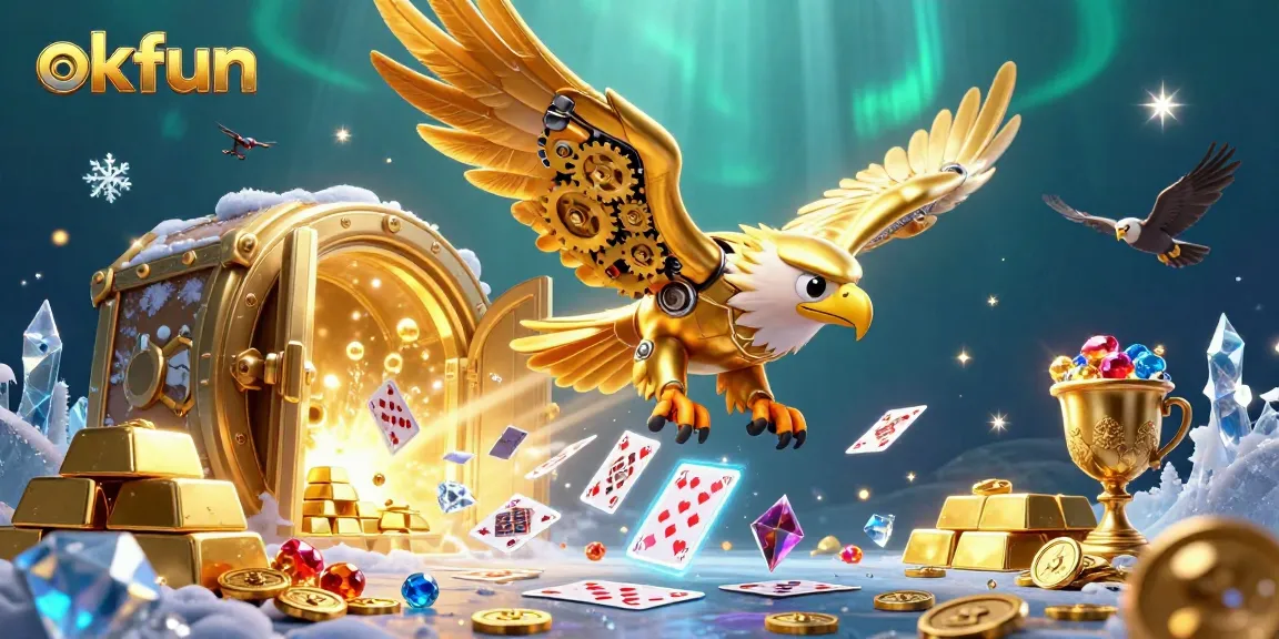 Experience thrilling wins at okfun with a captivating scene featuring a cybernetic eagle amidst treasures.