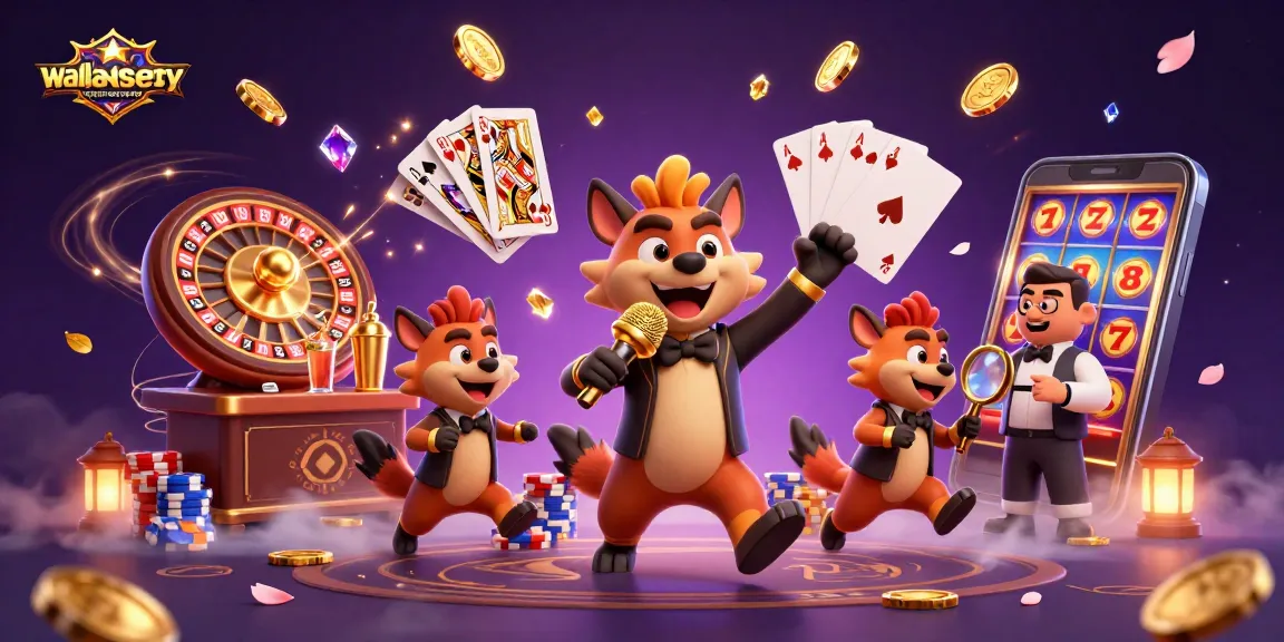 Hyena characters entertaining in a vibrant casino, showcasing wallaseycemetery theme with cascading coins and colorful elements.