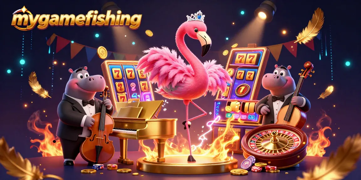 Experience thrilling fun at mygamefishing with vibrant slot reels, flamingo lounge singer, and golden casino elements.