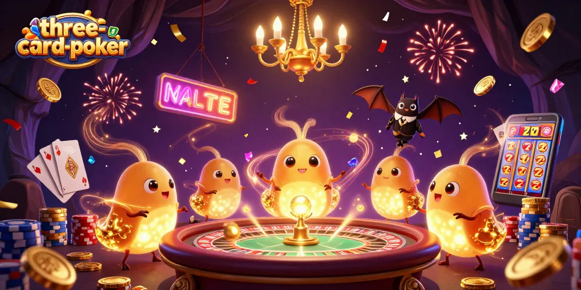 Engage in thrilling three-card-poker action surrounded by glowing characters and casino elements.