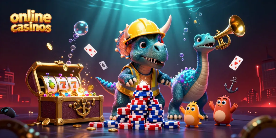 Engage and win big at online casinos featuring a vibrant scene of a triceratops building poker chips.