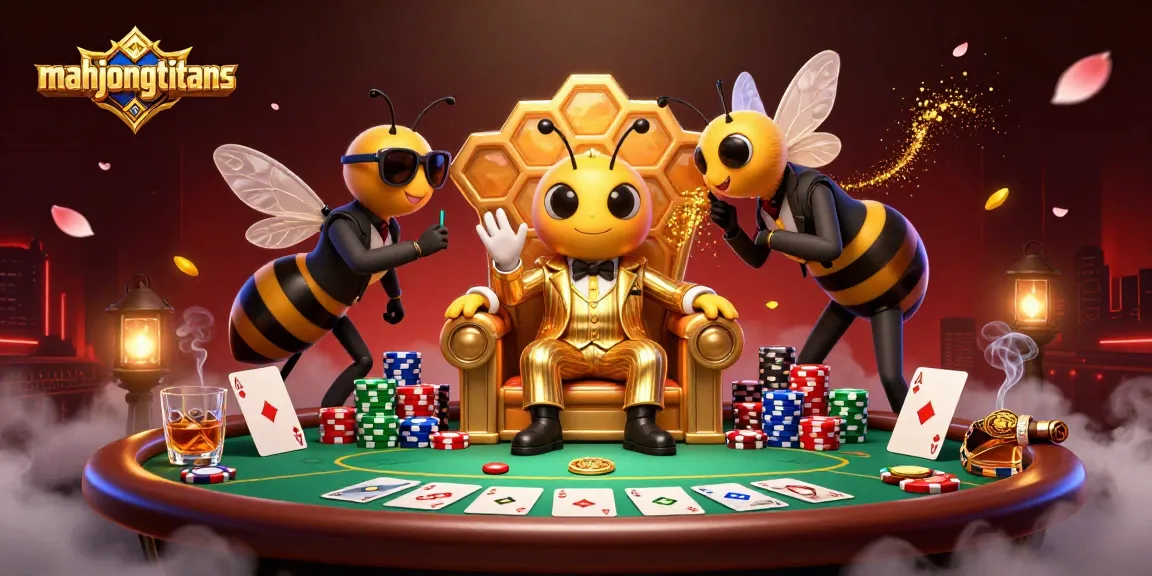 Engage in mahjongtitans with a vibrant 3D scene of a bee mob boss at a casino poker table.