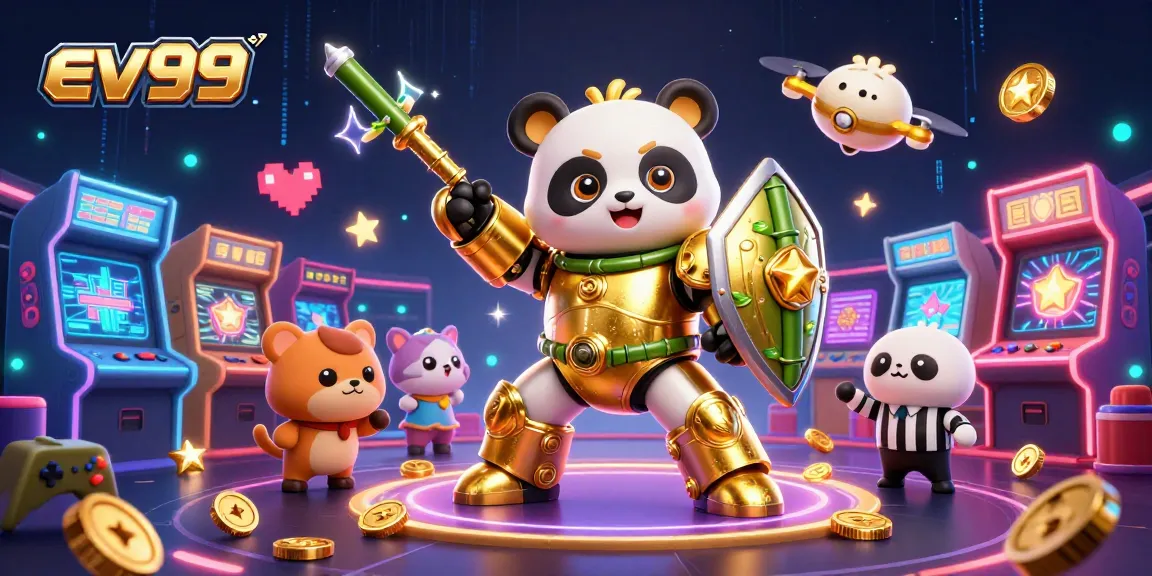 Experience the thrill of ev99 as a golden panda battles with colorful casino game elements.