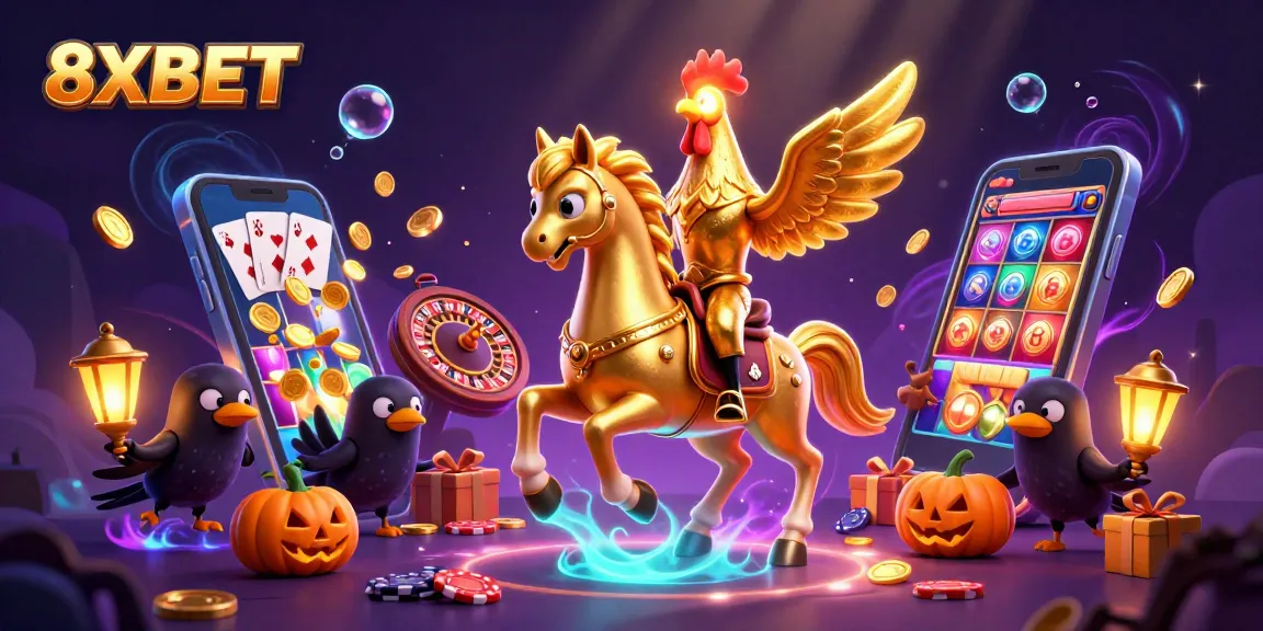 Engage with 8XBET's thrilling midnight casino adventure featuring a golden rooster and gaming chaos.