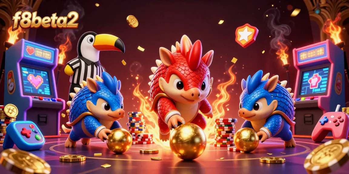 Join f8beta2’s colorful pangolins in a thrilling casino showdown with poker chips and arcade games!