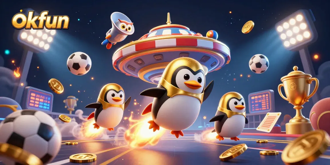 Experience the thrills at okfun with a golden penguin and vibrant casino elements in space.