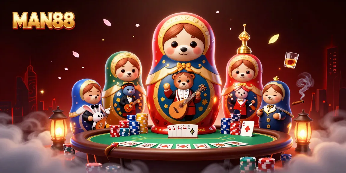 Engage with MAN88's vibrant casino experience featuring cartoon bears and poker elements in a lively scene.