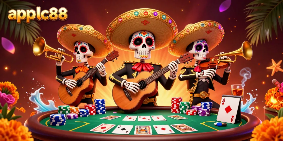 Experience exhilarating poker action with app lc88 in this lively mariachi skeleton scene.