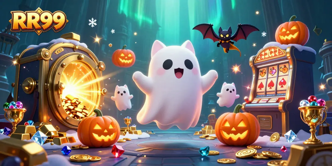 Experience thrilling gameplay at RR99 with a friendly ghost cat and bat in a vibrant casino