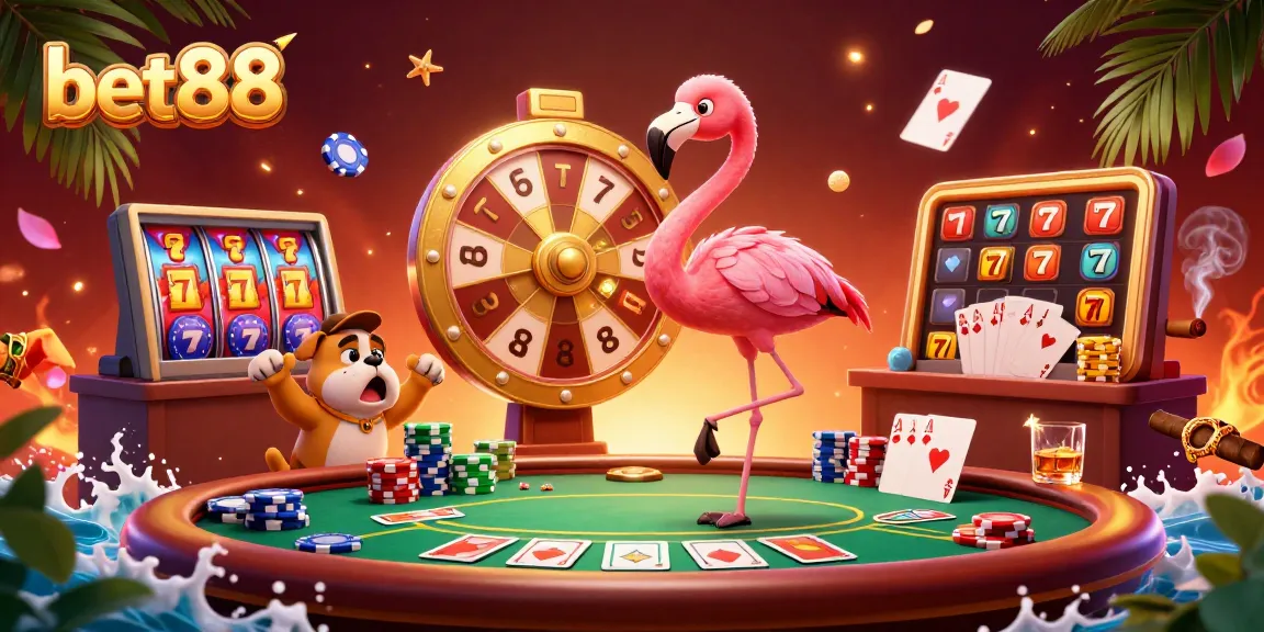 Experience the thrill at bet88 with lively characters spinning a prize wheel amidst casino elements.