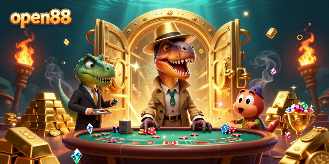 Experience thrilling gameplay at open88 with a cartoon velociraptor at a blackjack table.