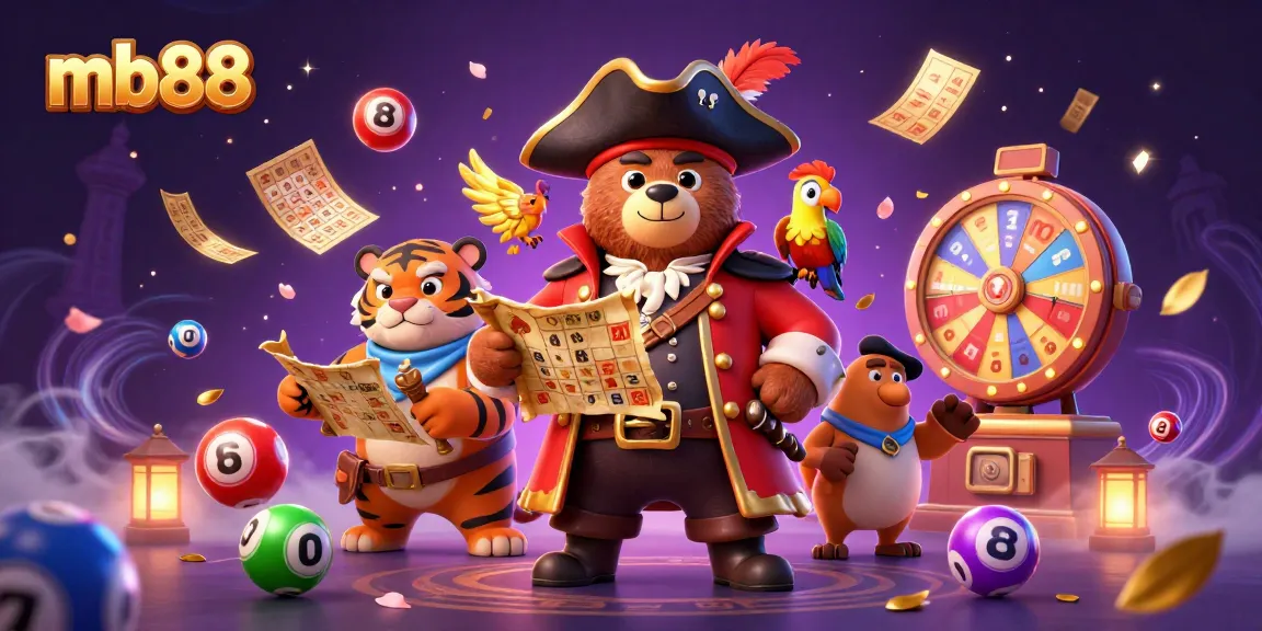 Engage with mb88's thrilling casino games and interactive fun through an exciting lottery theme illustration.