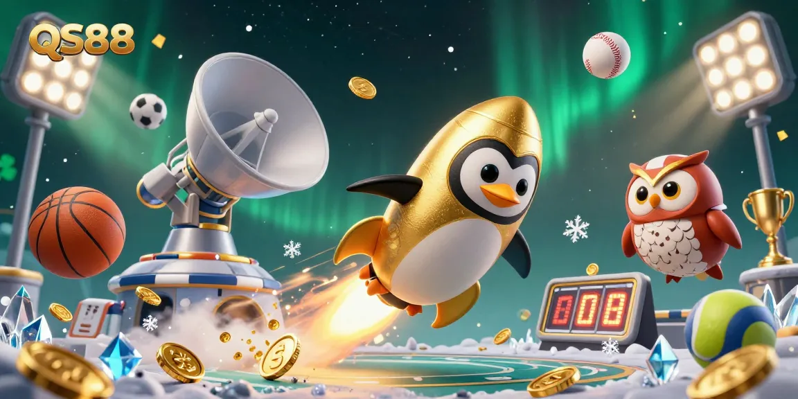 Experience winning thrills at QS88 with a golden penguin racing towards a casino space station.